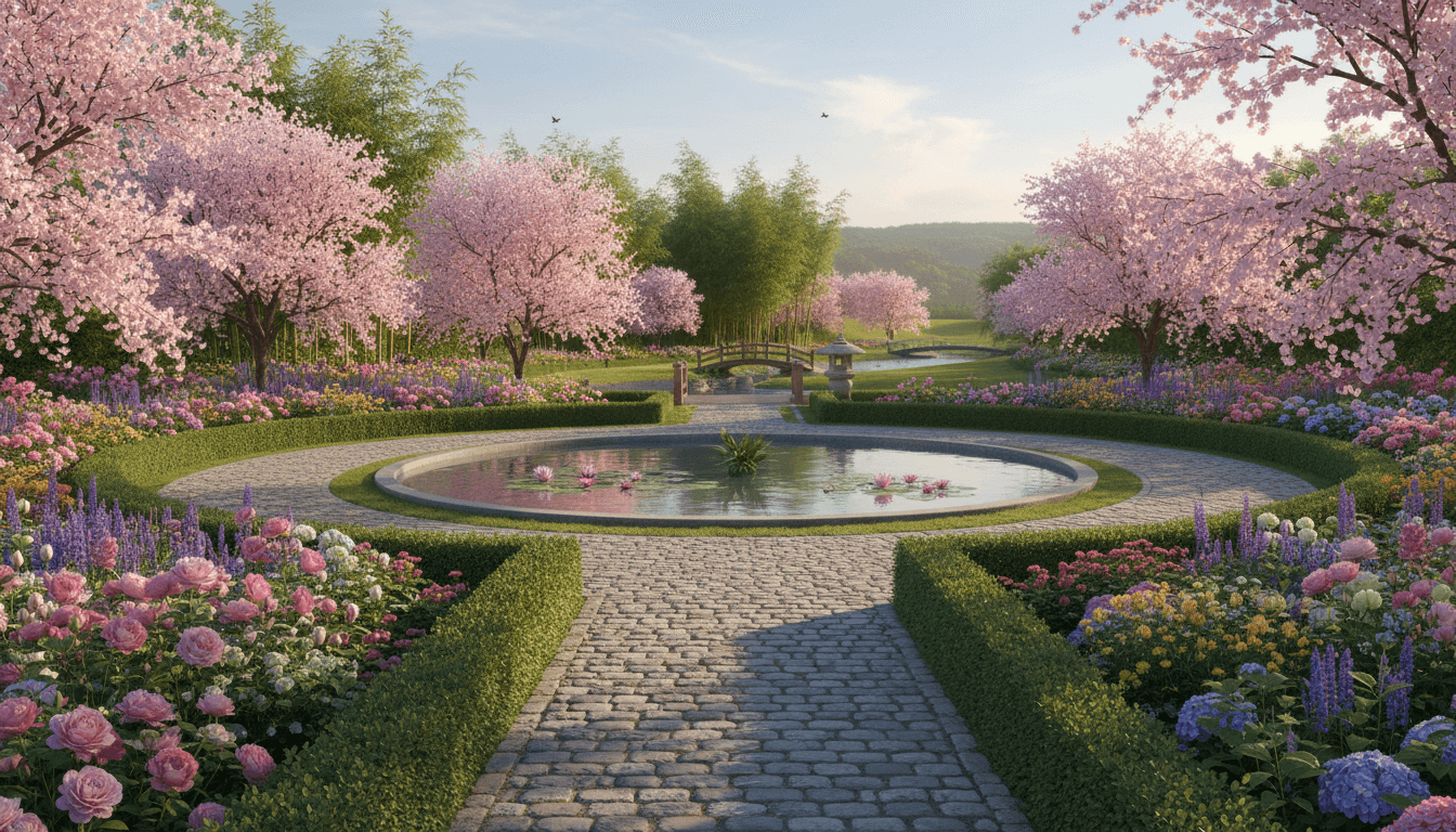 Beautiful garden with lush flowering plants and architectural landscape design in warm natural light