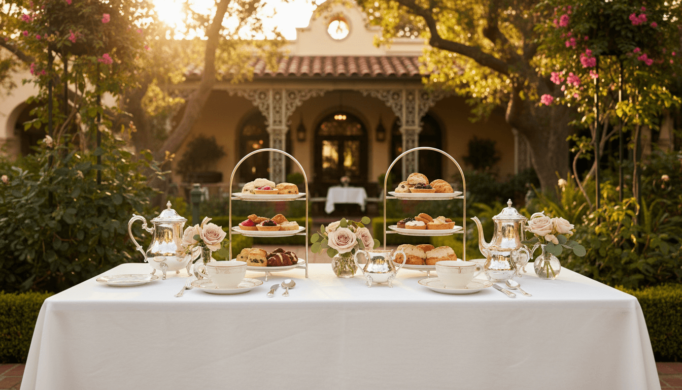Elegantly set afternoon tea table in Hazeltine's Corona Del Mar garden with fine china and pastries under warm natural light
