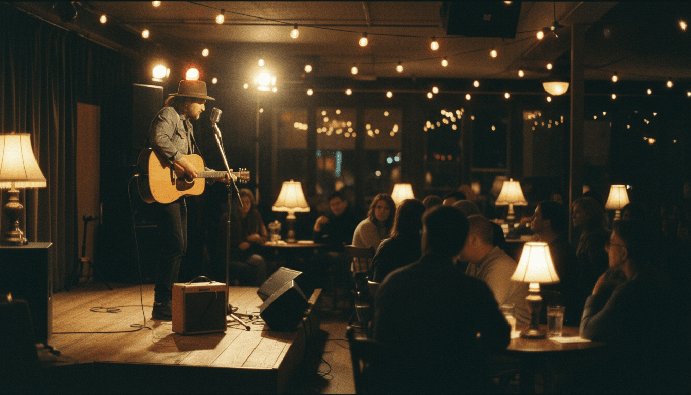 Live music event in garden setting with warm ambient lighting