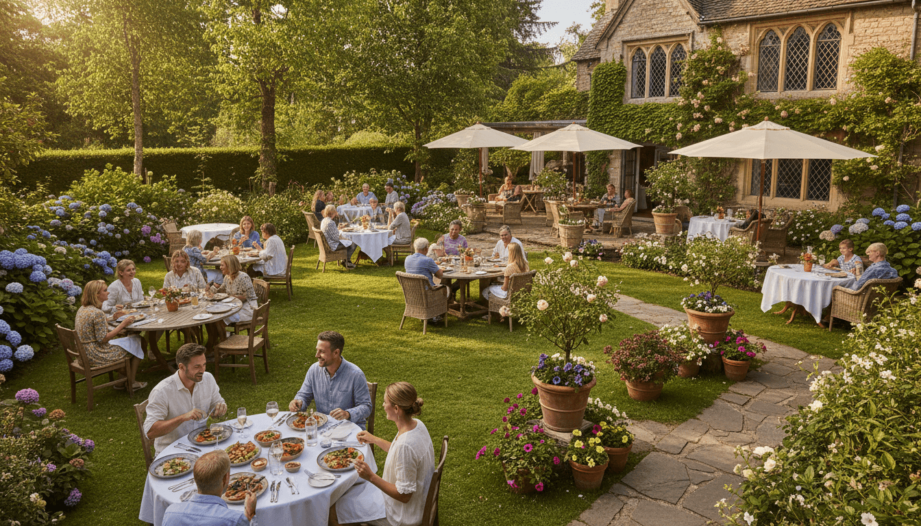 Dining terrace surrounded by garden landscape