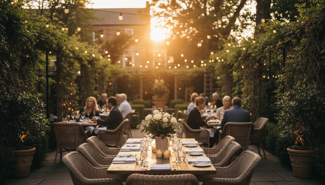 Outdoor dining at Hazeltine's with Victorian and Spanish garden architecture