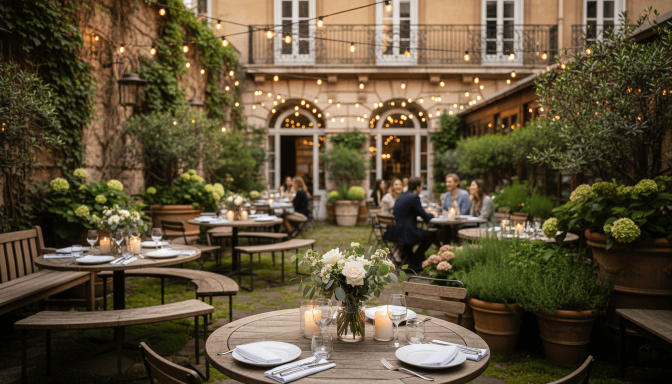 Garden pathways and landscaping at restaurant venue