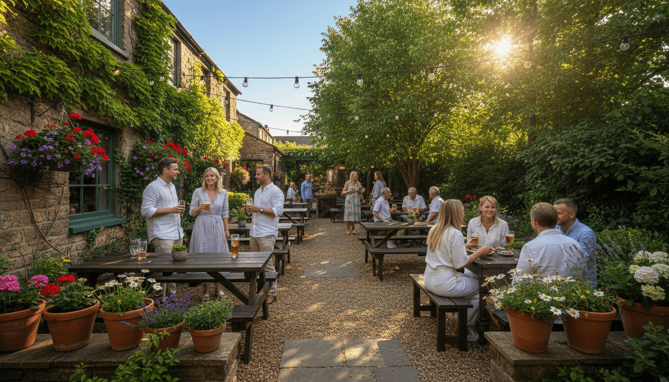 Guests enjoying social gathering in garden restaurant space