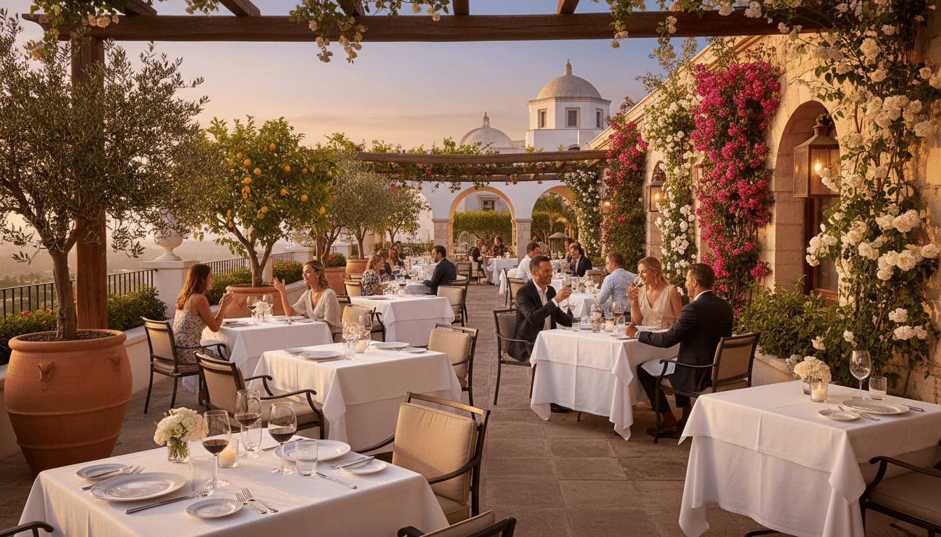 Hazeltine's garden restaurant with elegant outdoor seating, Victorian and Spanish architectural elements, warm evening lighting