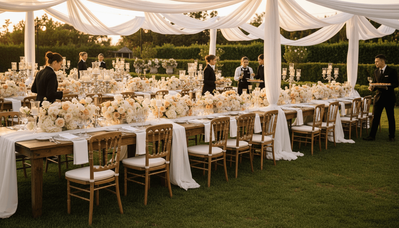 Beverages and table setting at evening garden event