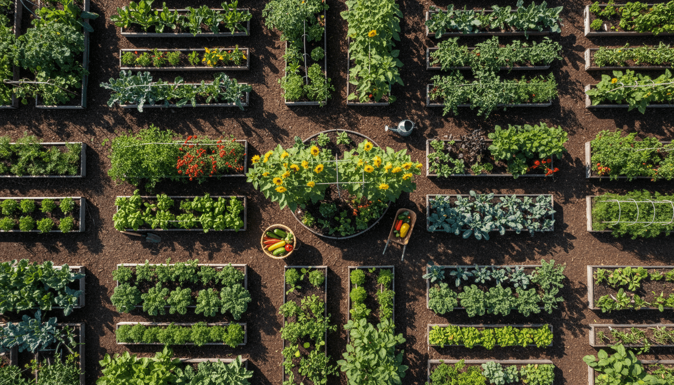 Fresh herbs and vegetables in garden setting