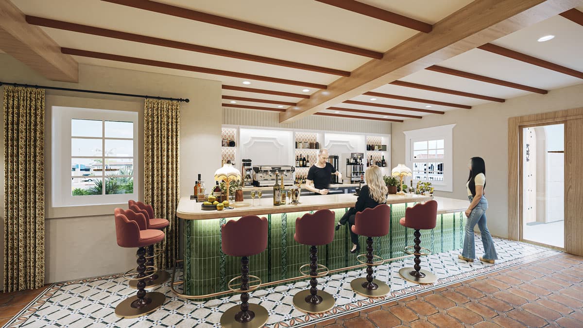 Elegant bar interior with green tiled counter, red velvet stools, and exposed wooden ceiling beams.