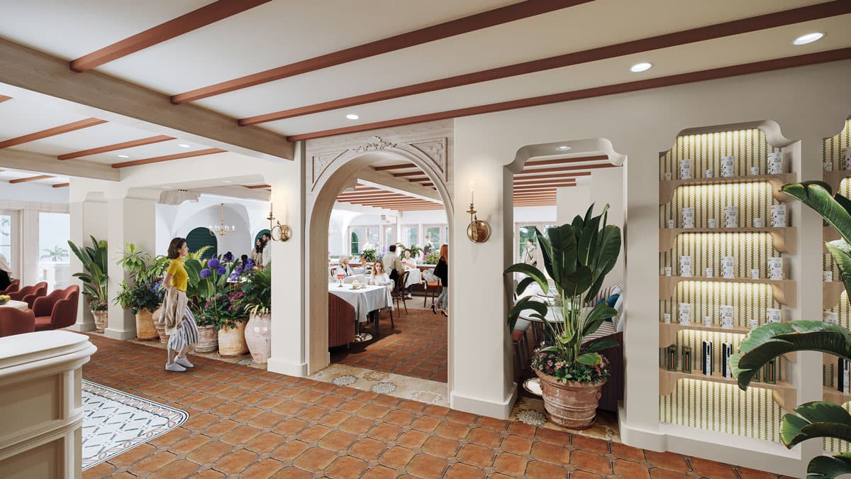 Elegant restaurant interior featuring terracotta floors, arched doorways, lush plants, and people dining.