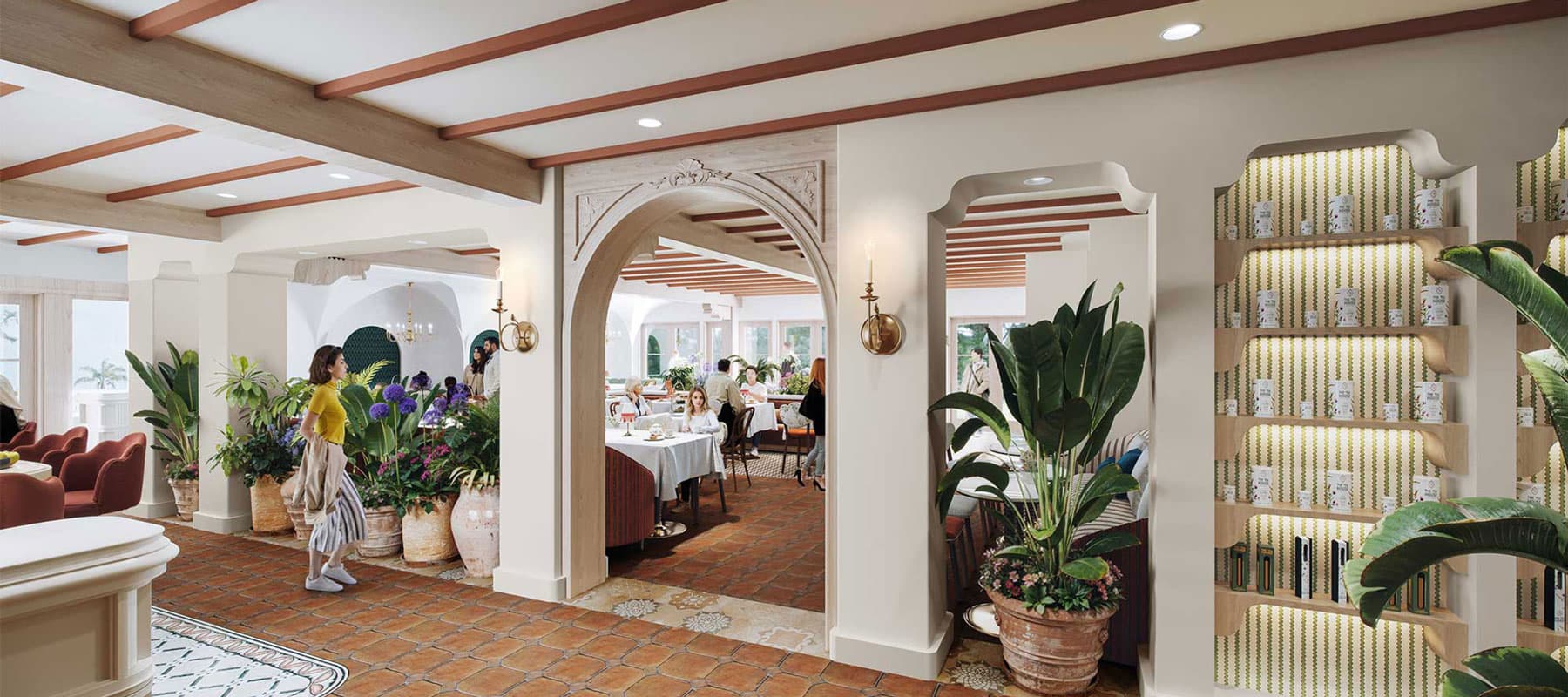 Mediterranean restaurant interior with terracotta floors, arched doorways, lush indoor plants, and people dining.