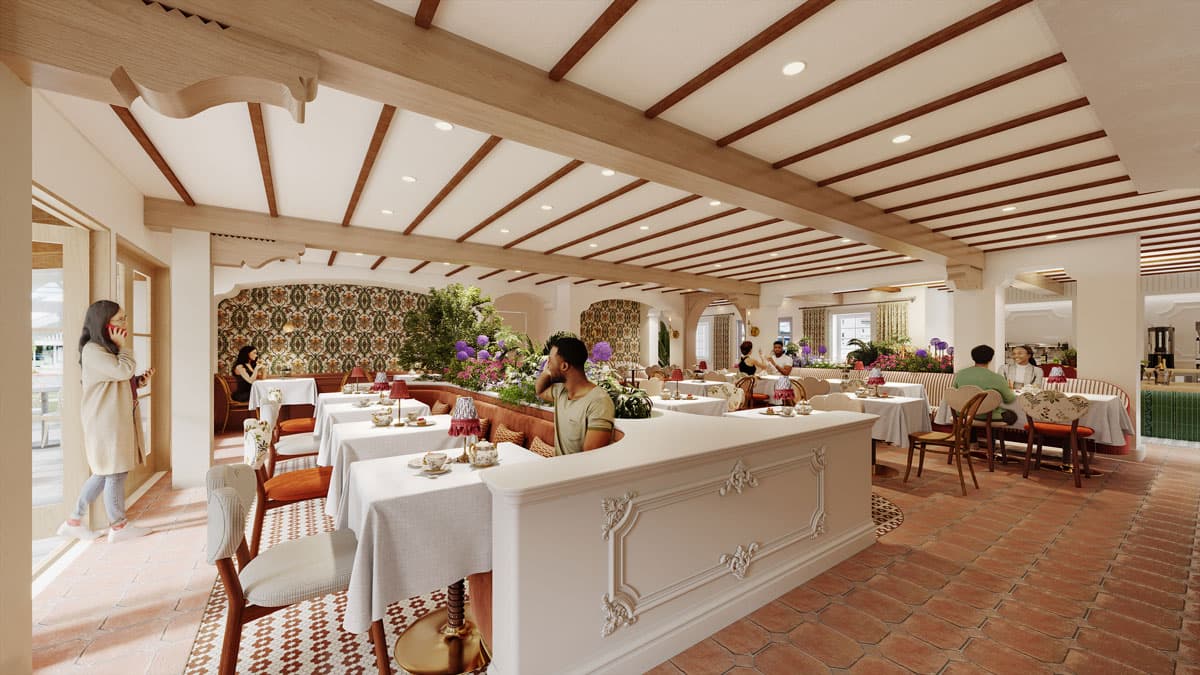 Elegant restaurant interior featuring wooden ceiling beams, terracotta floors, and patrons dining at white-clothed tables.