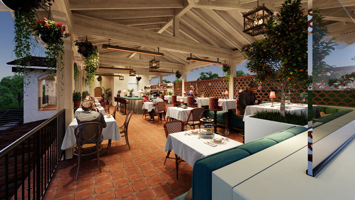 Elegant covered patio restaurant featuring white tablecloths, terracotta floors, hanging plants, and orange trees.